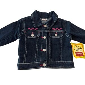 (NWT) Wrangler Kids Denim Jacket Dark Blue w/ Pink Details | Baby Girl 12 Months